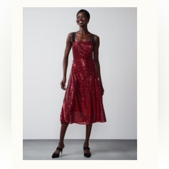 Lena Dresses & Skirts - NY & Co LENA Red Sequin A-Line Midi Dress Cowl Neck Strappy Sleeveless Size M